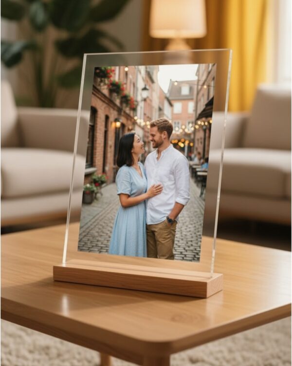 Personalized Acrylic Photo Frame with Wooden Base | Custom Photo Frame Gift for Couples, Family & Friends