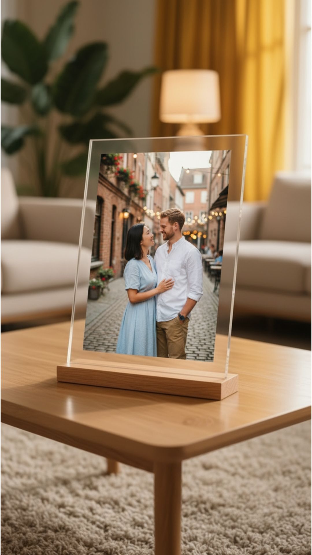 Personalized Acrylic Photo Frame with Wooden Base | Custom Photo Frame Gift for Couples, Family & Friends