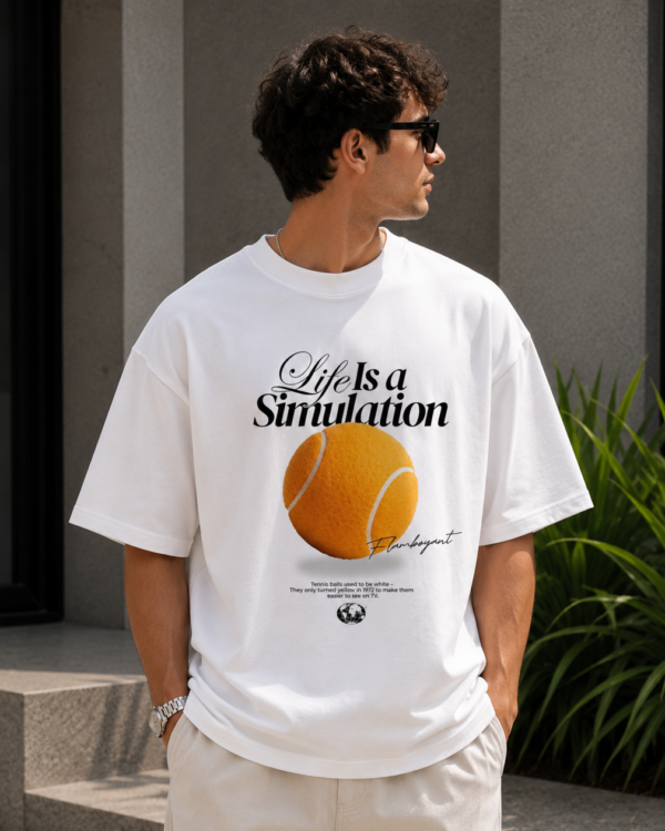 White Graphic Printed Cotton Tee | Tennis Ball Oversized T-Shirt for Men