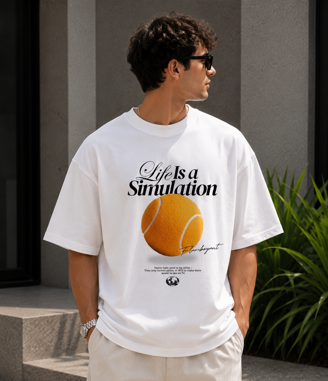 White Graphic Printed Cotton Tee | Tennis Ball Oversized T-Shirt for Men