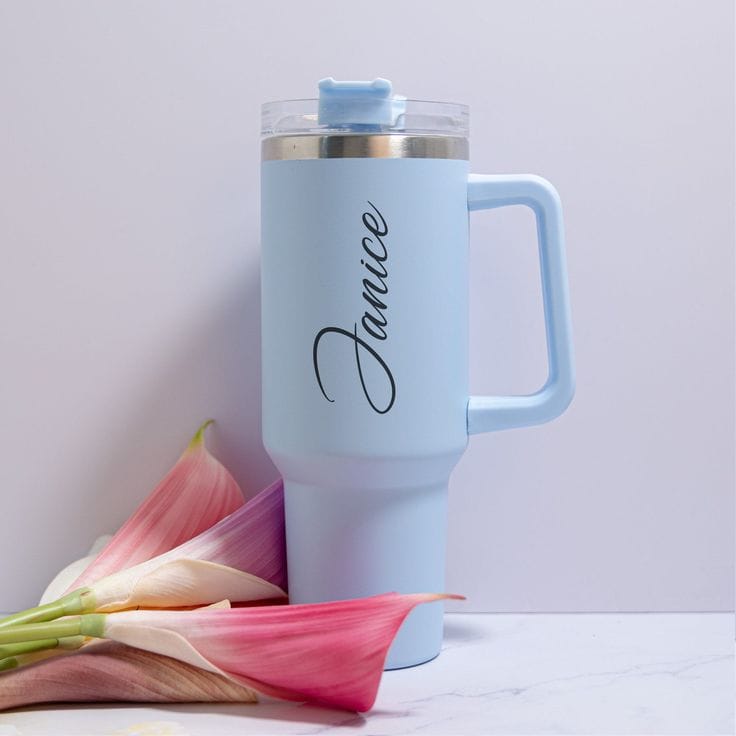 Personalized Name Insulated Travel Tumbler with Handle & Straw