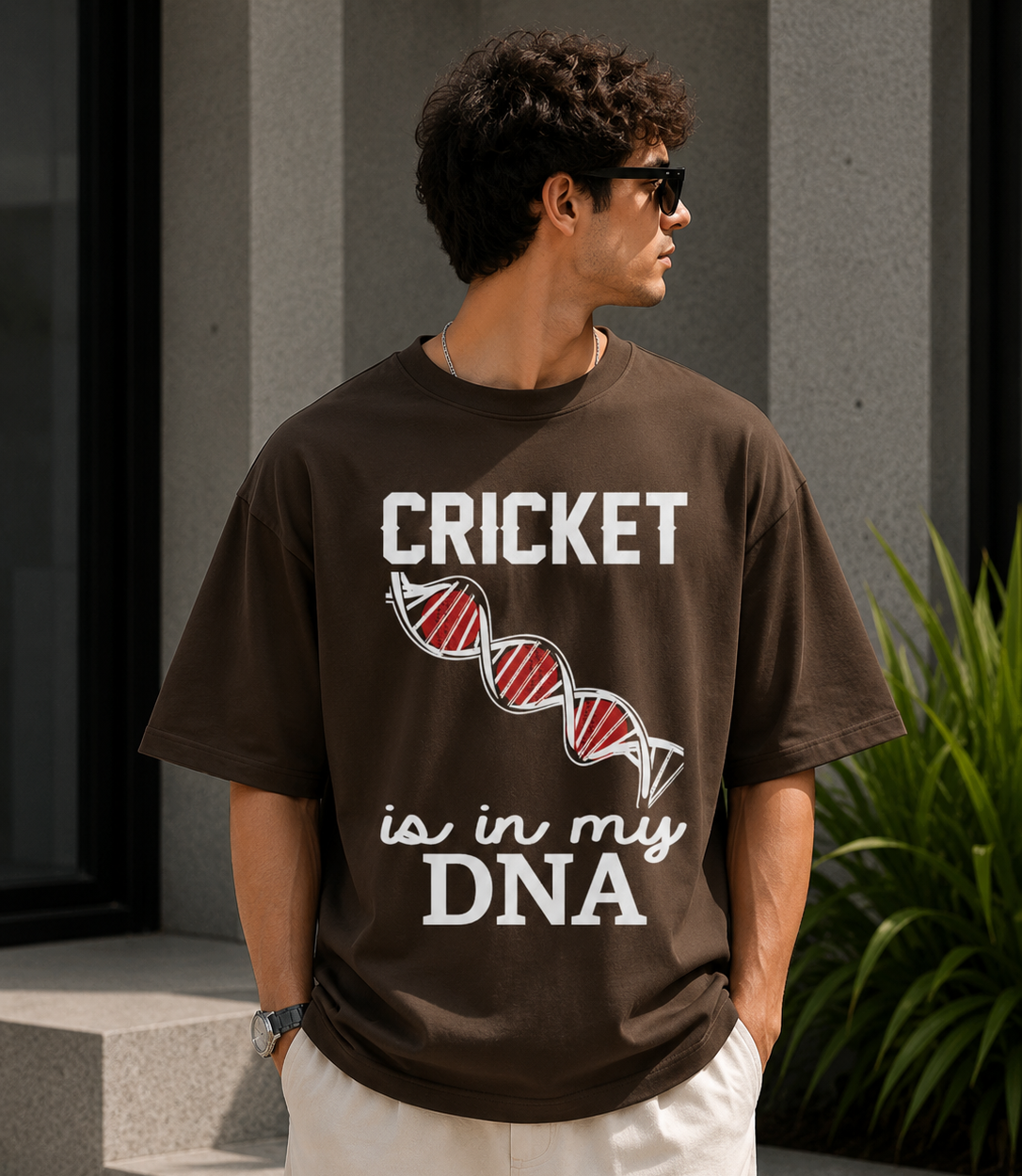 Cricket  Oversized T-Shirt for Men | Brown Graphic Printed Cotton Tee