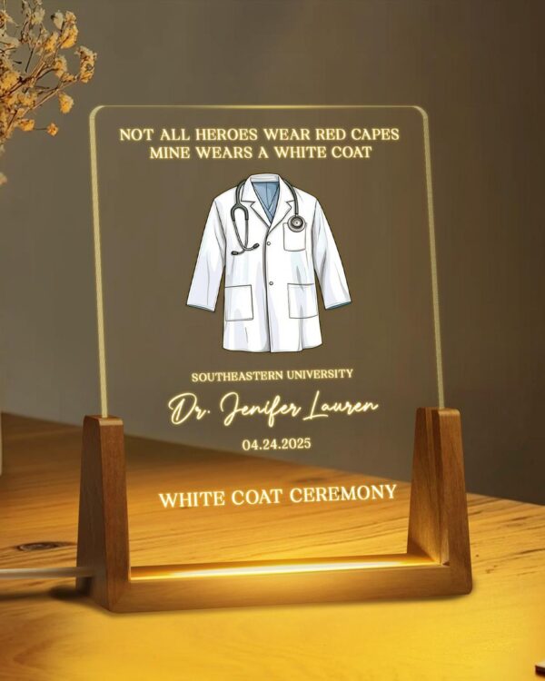 Personalized White Coat Ceremony LED Acrylic Photo Frame | Custom Doctor Graduation Gift | Medical Student LED Lamp with Wooden Base