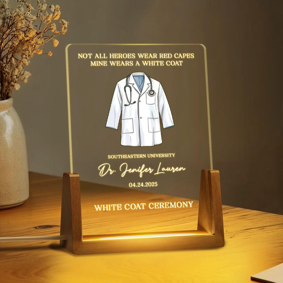 Personalized White Coat Ceremony LED Acrylic Photo Frame | Custom Doctor Graduation Gift | Medical Student LED Lamp with Wooden Base