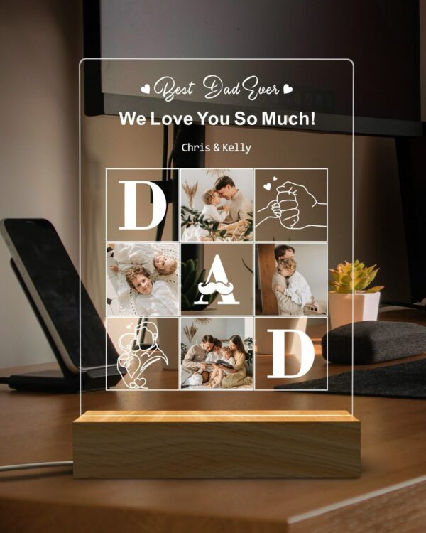 Personalized LED Acrylic Photo Frame for Dad | Custom Father’s Day LED Lamp with Wooden Base | Multi Photo Collage Gift