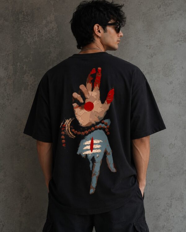 Abhaya Mudra Oversized T Shirt for Men | Spiritual Hand Gesture Graphic Back Print Cotton Black Tee