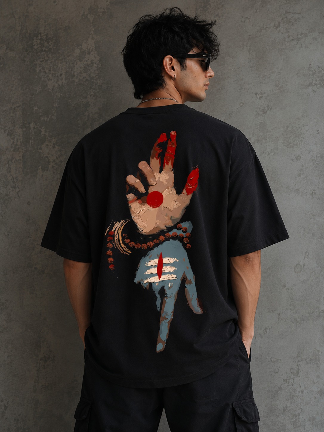 Abhaya Mudra Oversized T Shirt for Men | Spiritual Hand Gesture Graphic Back Print Cotton Black Tee