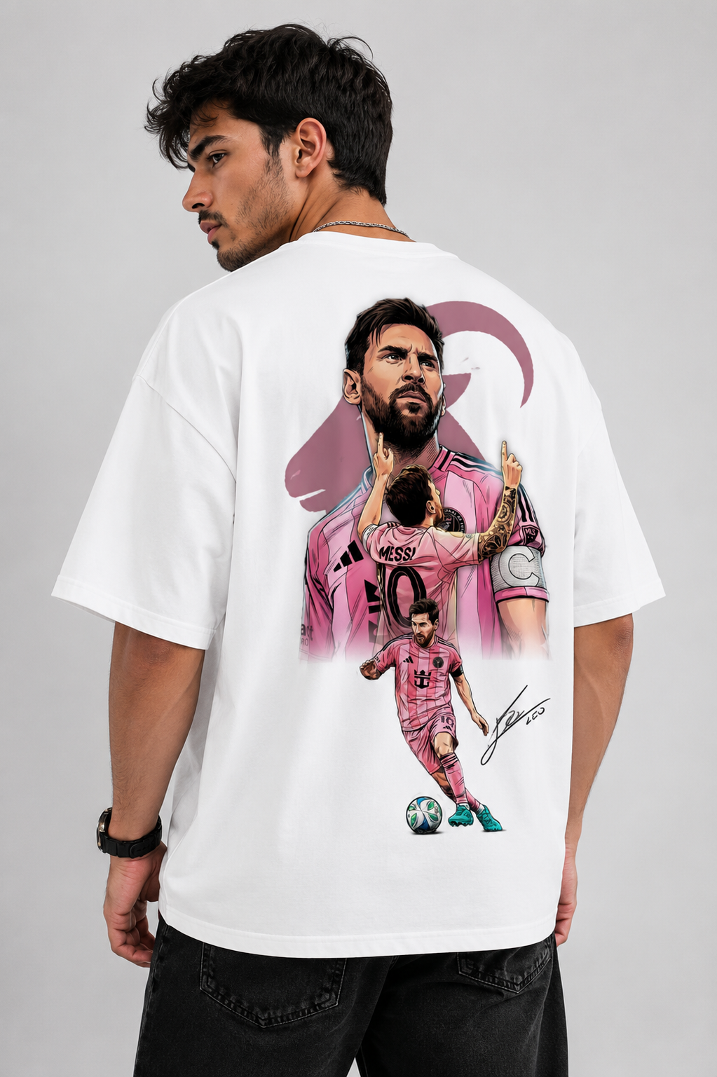 Messi Graphic Oversized T-Shirt for Men | Football Back Print Premium Cotton Tee