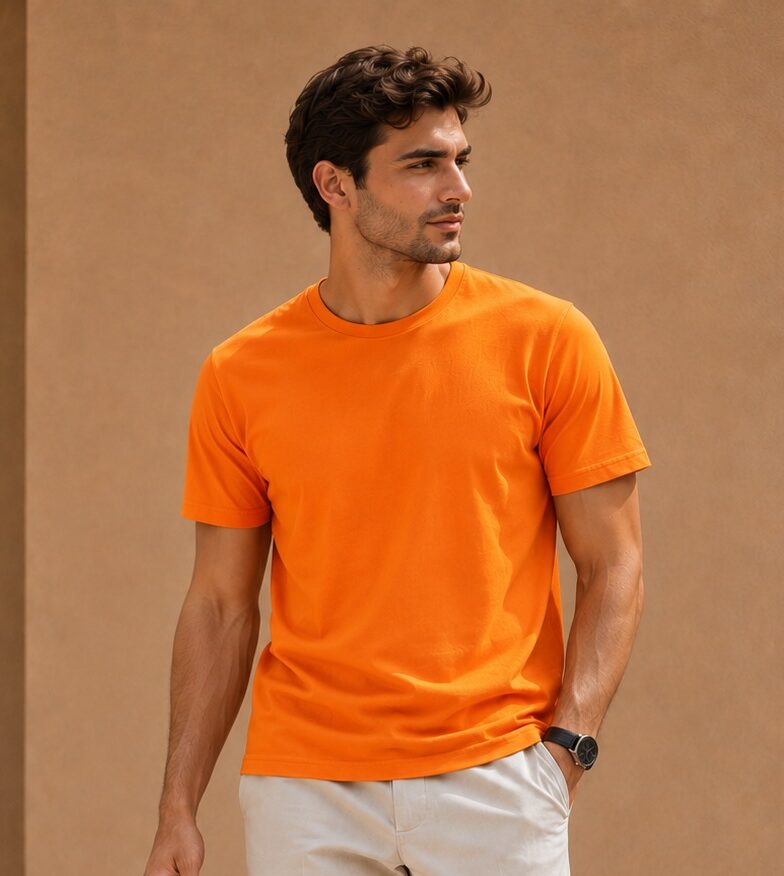 Orange Plain T-Shirt for Men | Round Neck Half Sleeve T-Shirt | Cotton