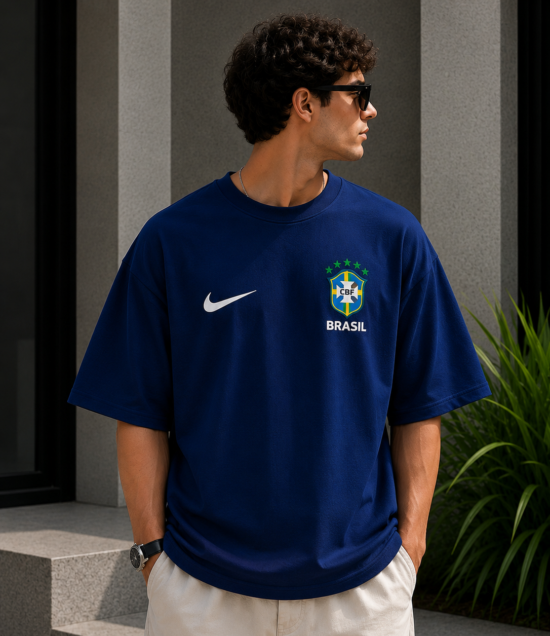 Brazil Oversized T-Shirt for Men | Blue Oversized Football Graphic Printed Cotton Tee