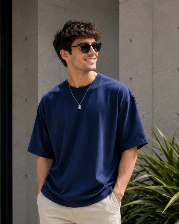 Navy Blue Oversized Plain T-Shirt for Men & Women | Cotton Oversize Half Sleeve Tee
