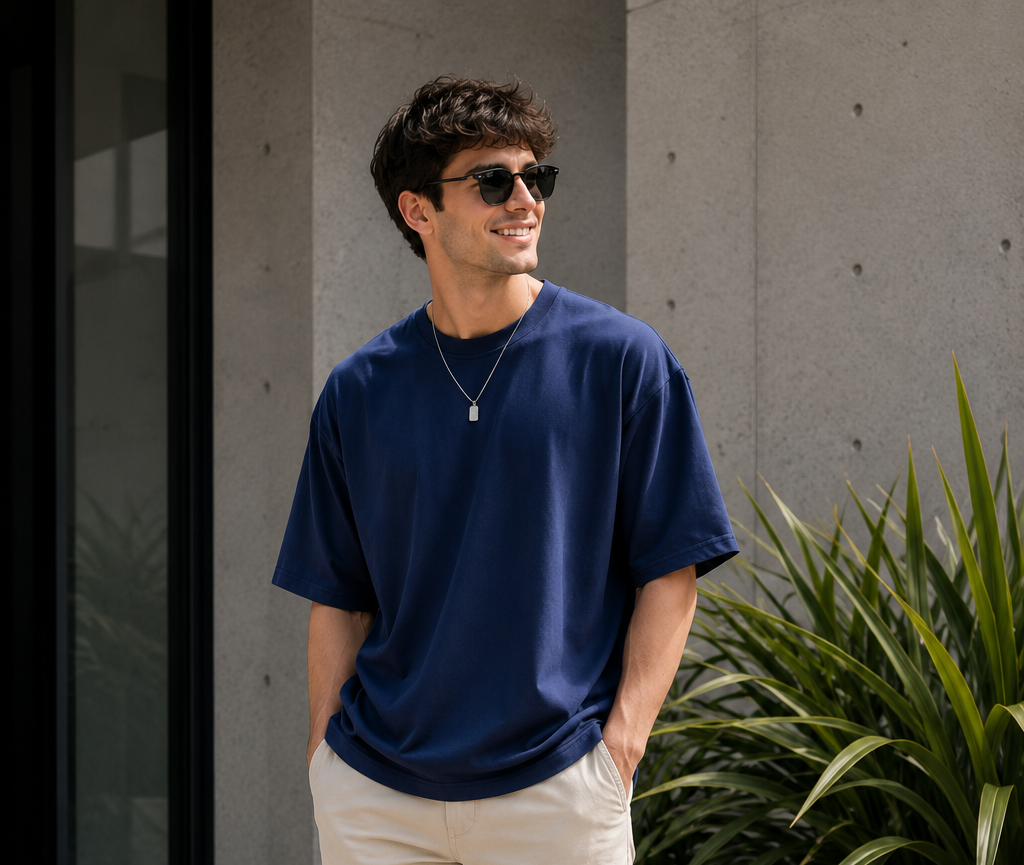 Navy Blue Oversized Plain T-Shirt for Men & Women | Cotton Oversize Half Sleeve Tee