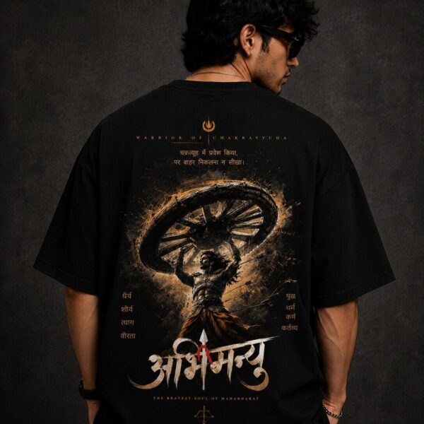 Abhimanyu Warrior of Chakravyuha Oversized T-Shirt for Men & Women | Mahabharat Graphic Back Print Cotton Oversize Tee | Black