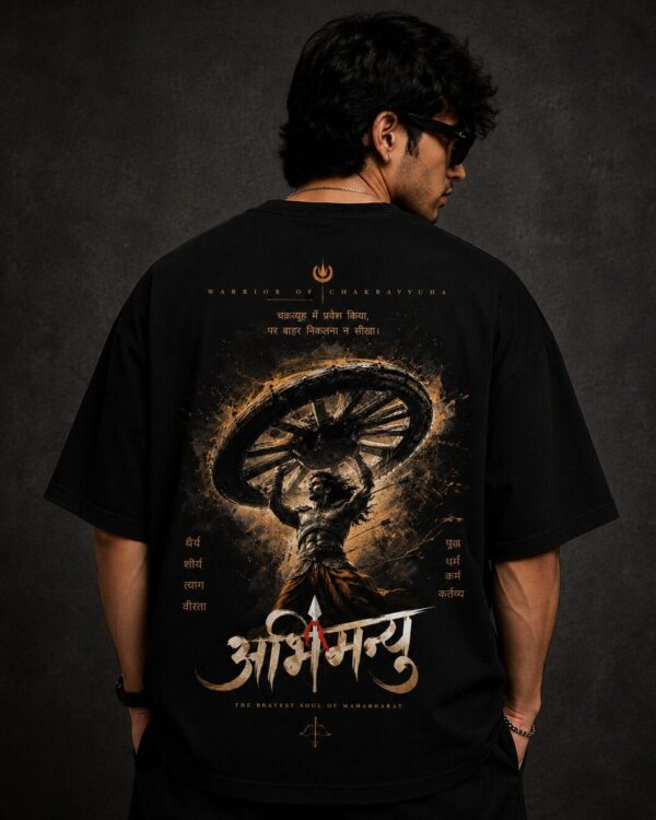Abhimanyu Warrior of Chakravyuha Oversized T-Shirt for Men & Women | Mahabharat Graphic Back Print Cotton Oversize Tee | Black
