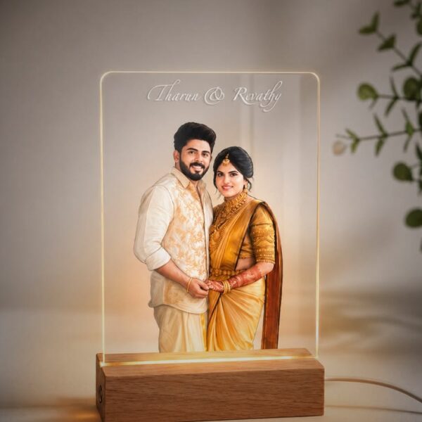 Personalized LED Acrylic Photo Frame with Wooden Base | Custom Photo Lamp Gift for Couples, Wedding & Anniversary