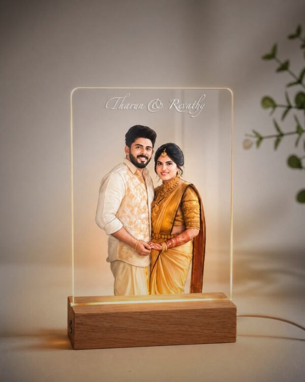 Personalized LED Acrylic Photo Frame with Wooden Base | Custom Photo Lamp Gift for Couples, Wedding & Anniversary