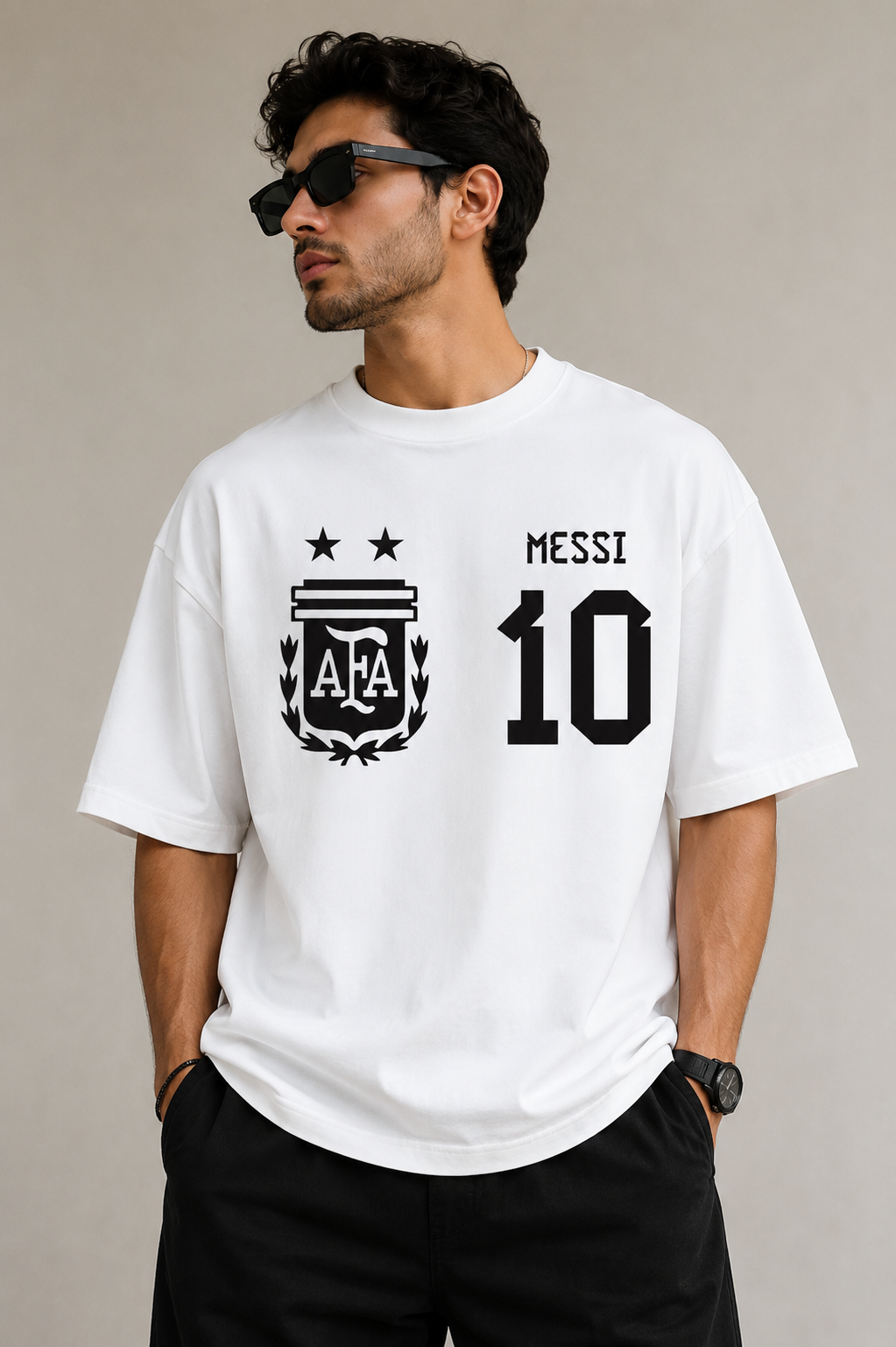 Messi 10 Oversized T-Shirt for Men | White Football Graphic Printed Cotton Tee