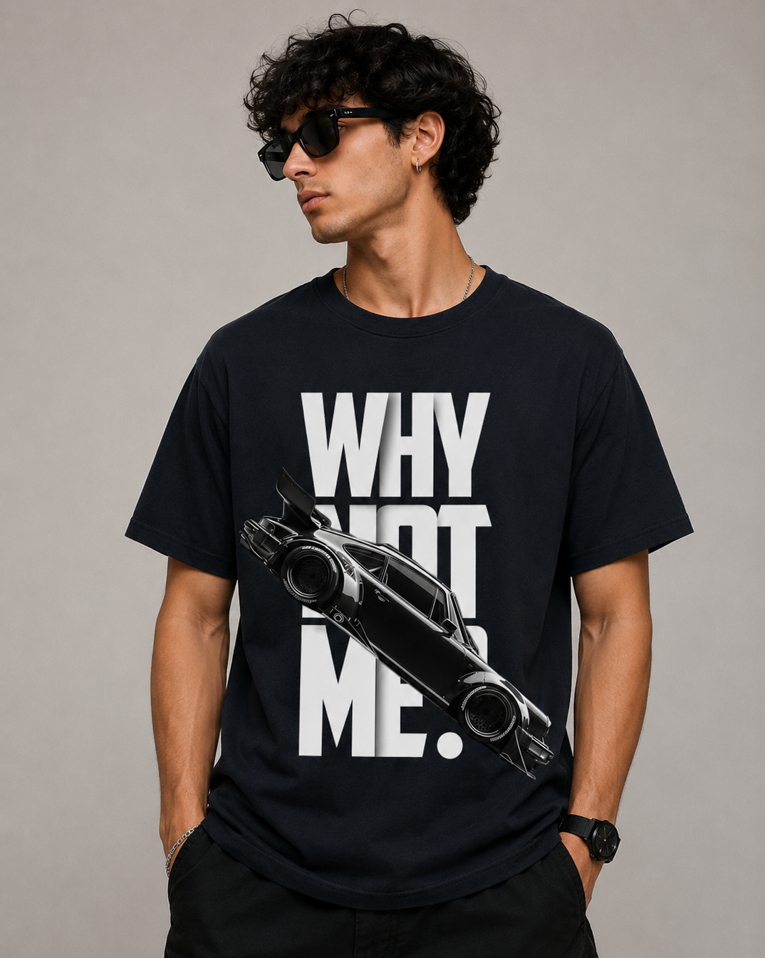Black Oversized Car Graphic T-Shirt for Men