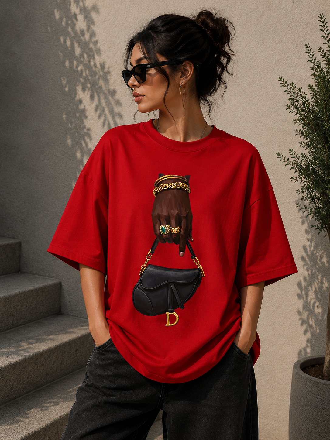 Fashion Graphic Oversized T-Shirt | Luxury Handbag Print Cotton Tee