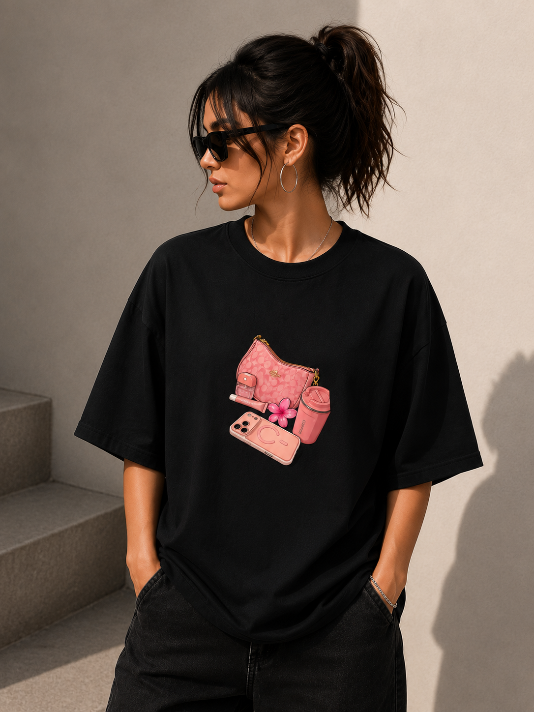 Oversized Graphic T Shirt for Women Pink Aesthetic Printed Cotton Tee