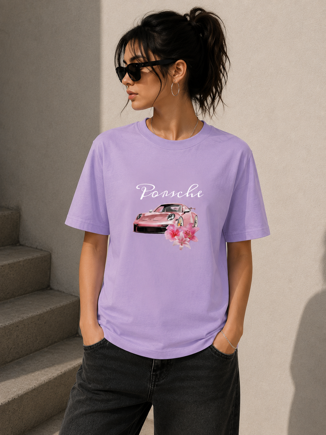 Car Graphic Oversized T-Shirt | Pink Sports Car Cotton Tee