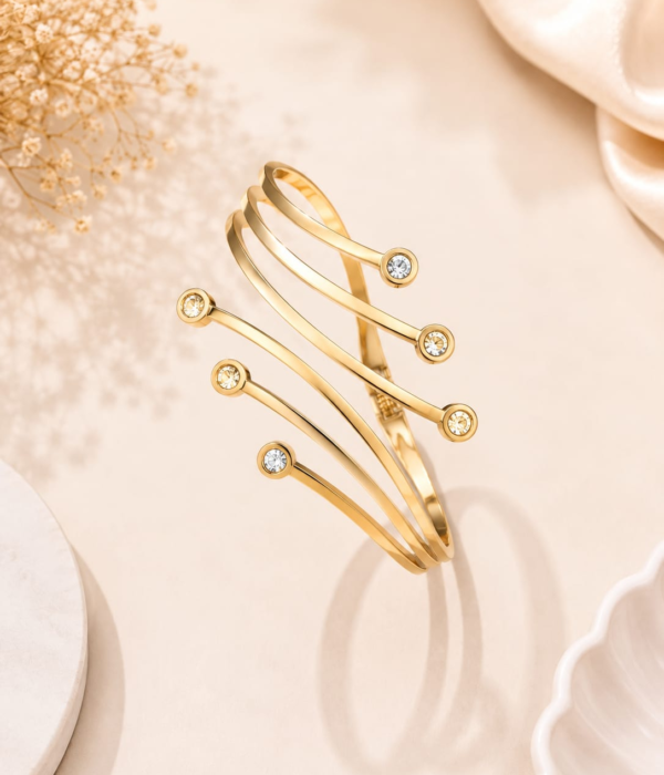 Anti Tarnish Gold Cuff Bracelet with Crystal Details