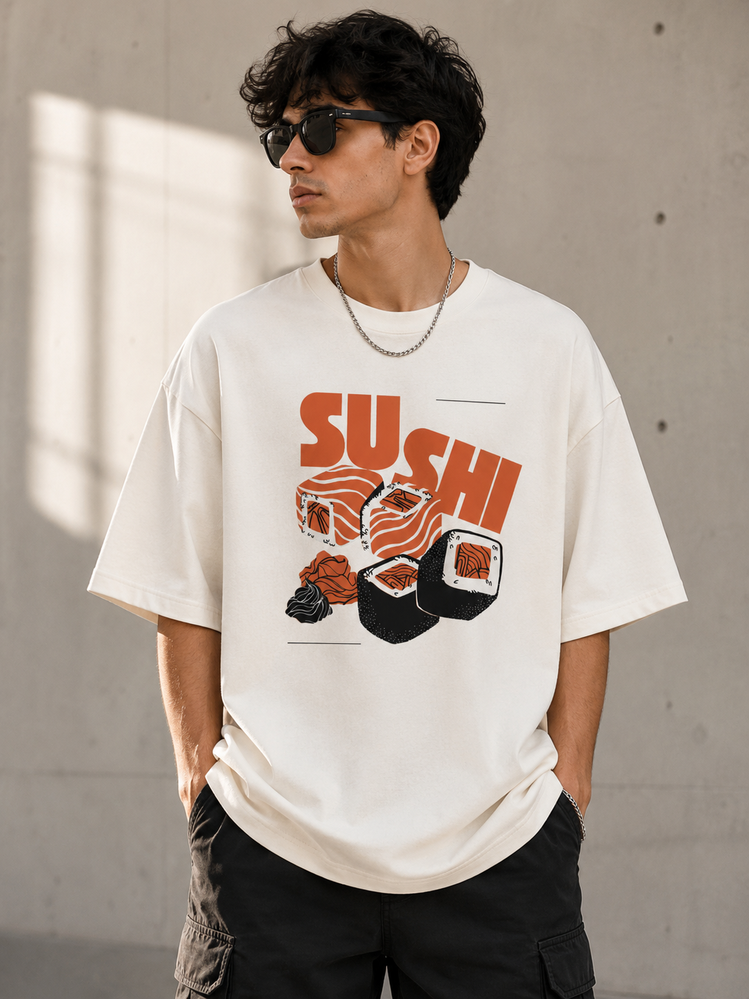 Sushi Graphic Oversized T-Shirt for Men | Casual Cotton Printed Tee