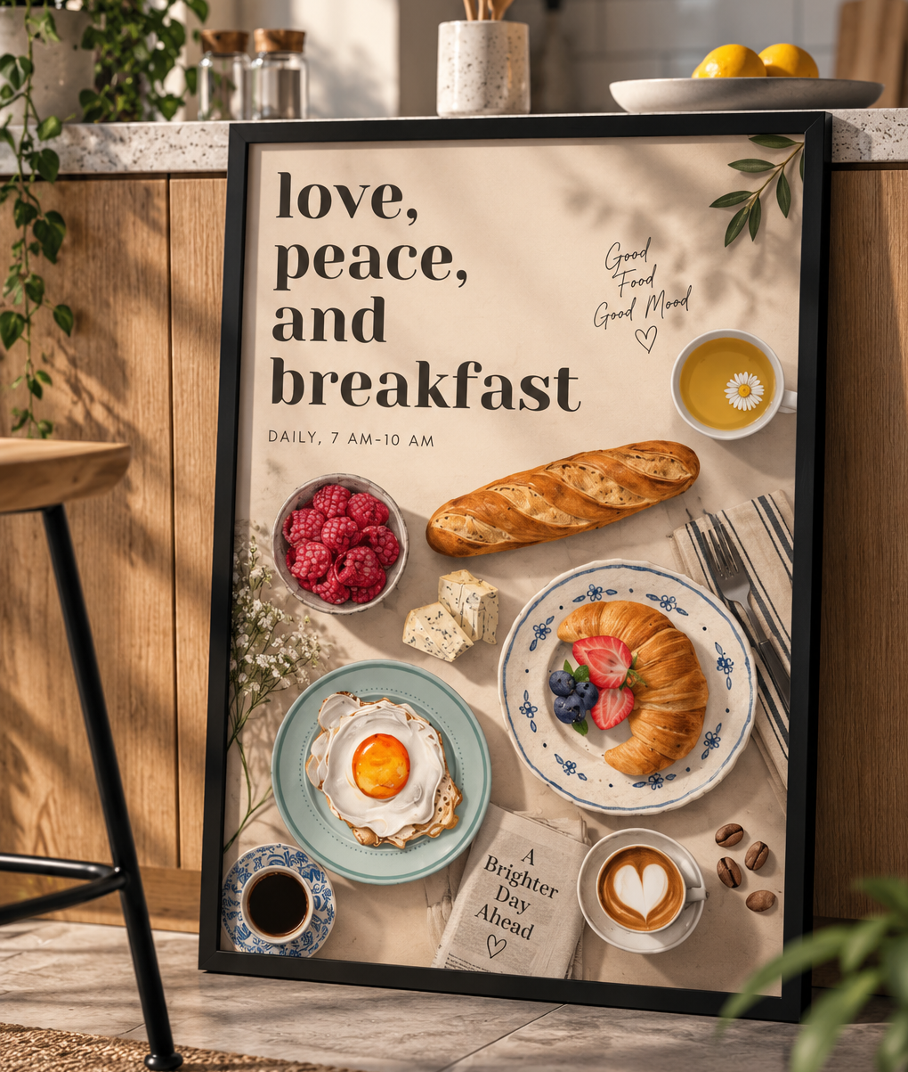 Aesthetic Kitchen Wall Art A3 Frame – Love Peace Breakfast Poster