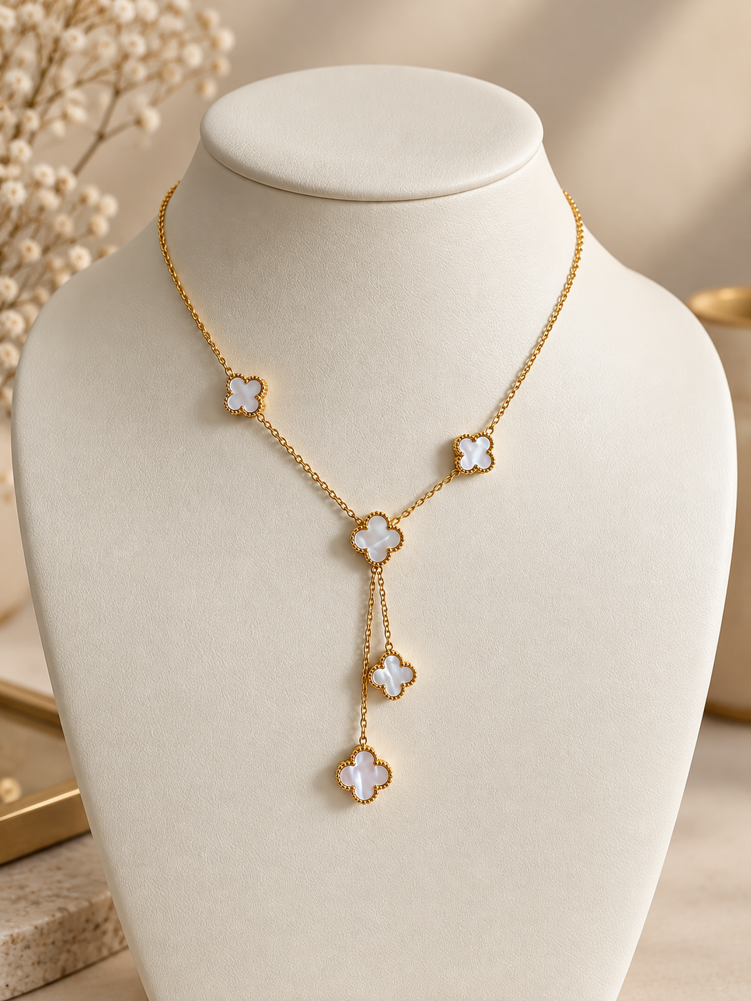 Anti Tarnish White Clover Necklace for Women – Gold Finish Layered Necklace