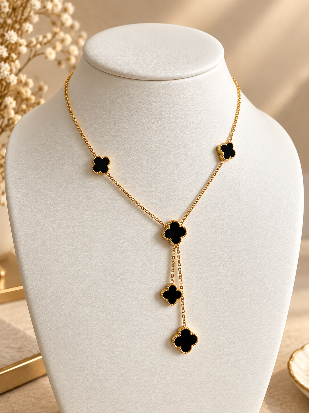 Anti Tarnish Black Clover Necklace for Women – Gold Finish Layered Necklace