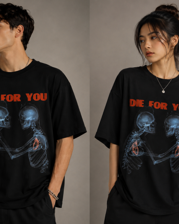 Couple Oversized Printed T-Shirts – Die For You Skeleton Couple Matching T-Shirts