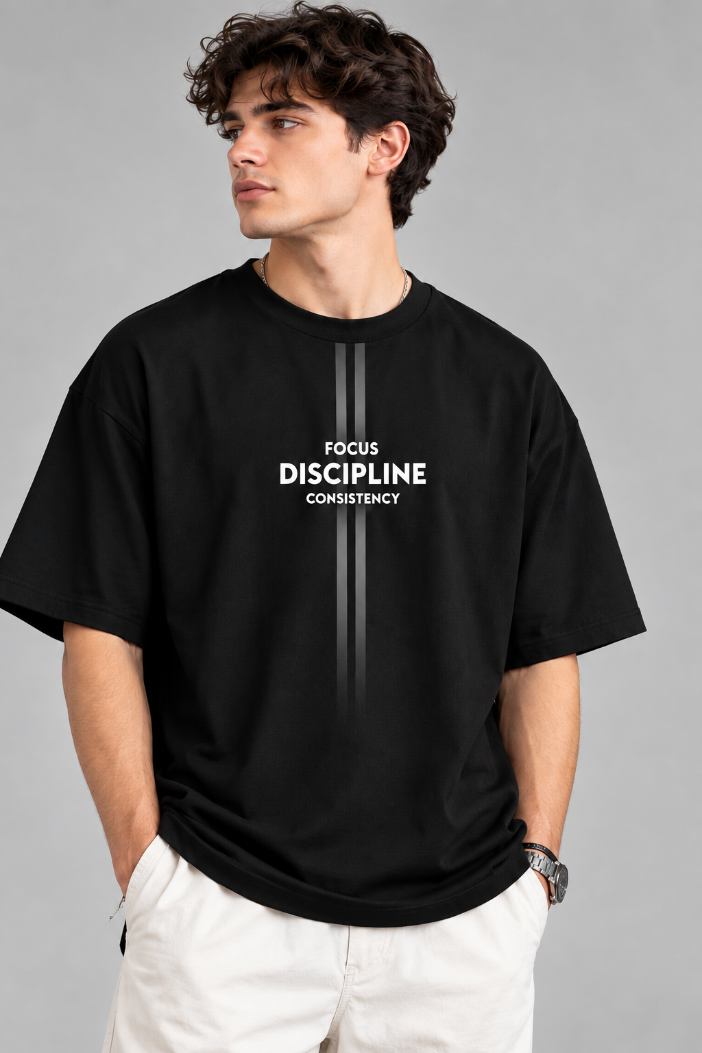 Men's Black Oversized T Shirt | Focus Discipline Consistency Printed T-Shirt