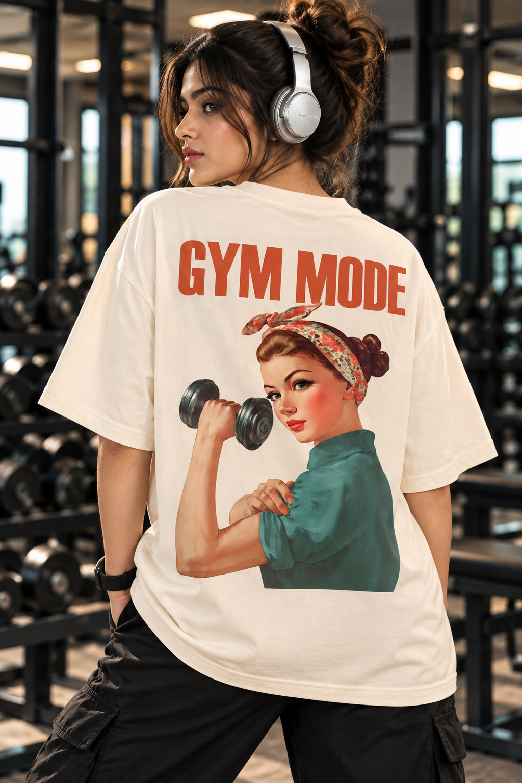 Women's Cream Oversized T Shirt | Gym Mode Printed T-Shirt