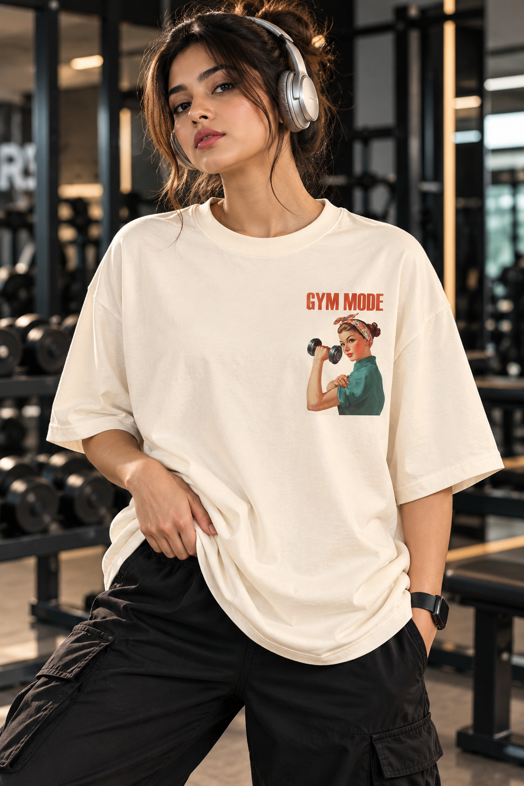 Women's Cream Oversized T Shirt | Gym Mode Printed T-Shirt