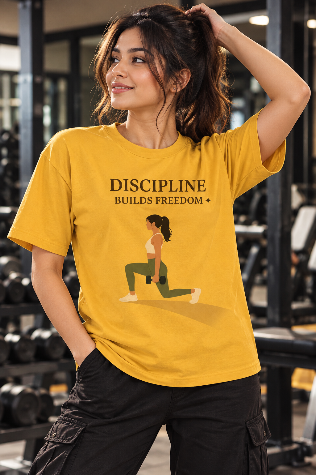 Women’s Yellow Gym T-Shirt – Discipline Builds Freedom Fitness Printed T-Shirt