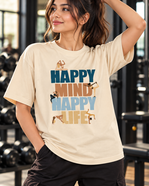 Women’s Cream Gym T-Shirt – Happy Mind Happy Life Fitness Printed T-Shirt