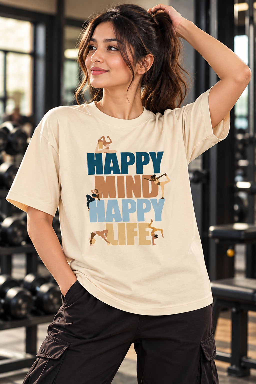 Women’s Cream Gym T-Shirt – Happy Mind Happy Life Fitness Printed T-Shirt