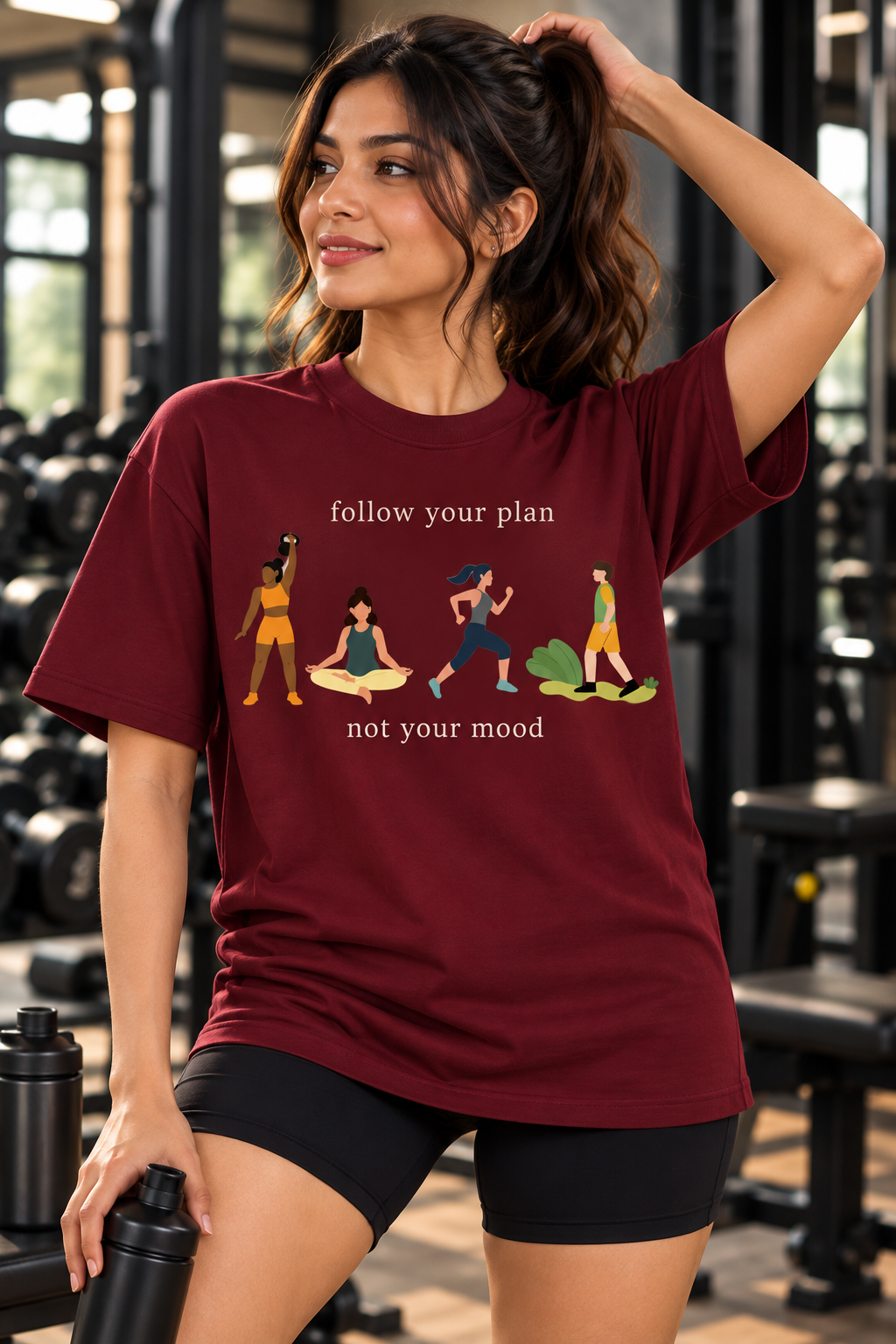 Women’s Maroon Gym T-Shirt – Follow Your Plan Fitness Printed T-Shirt