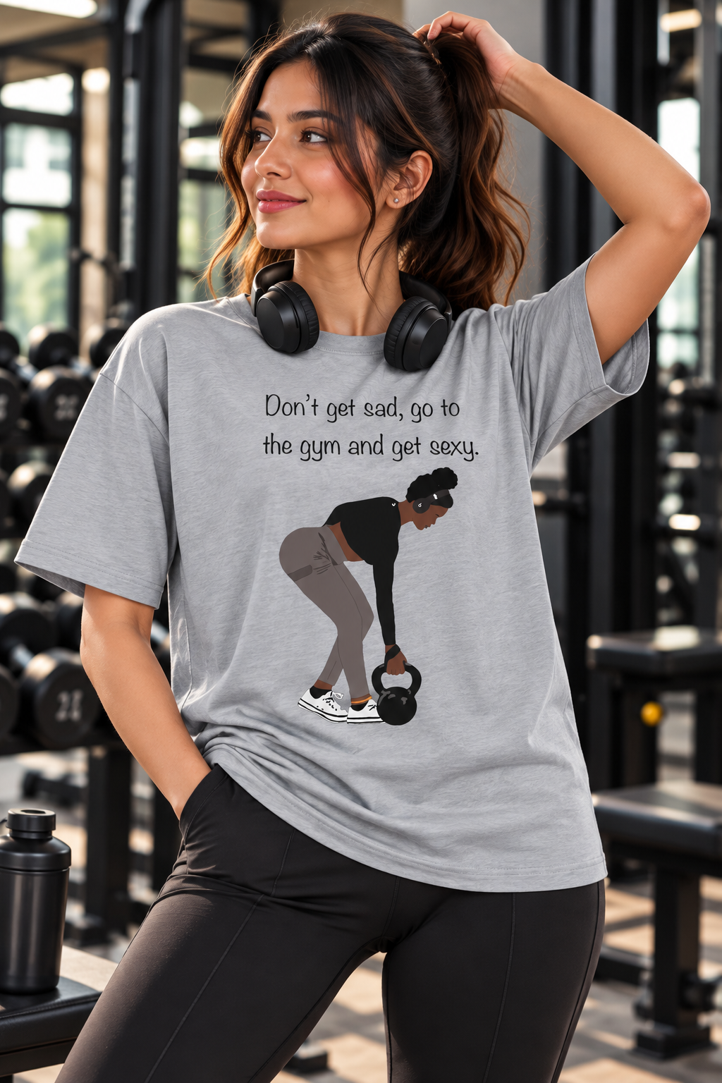 Women’s Grey Gym T-Shirt – Don’t Get Sad Go to the Gym Printed T-Shirt