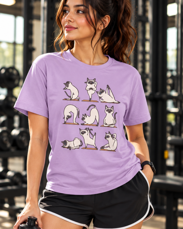 Women’s Lavender Gym T-Shirt – Cute Cat Yoga Fitness Printed T-Shirt