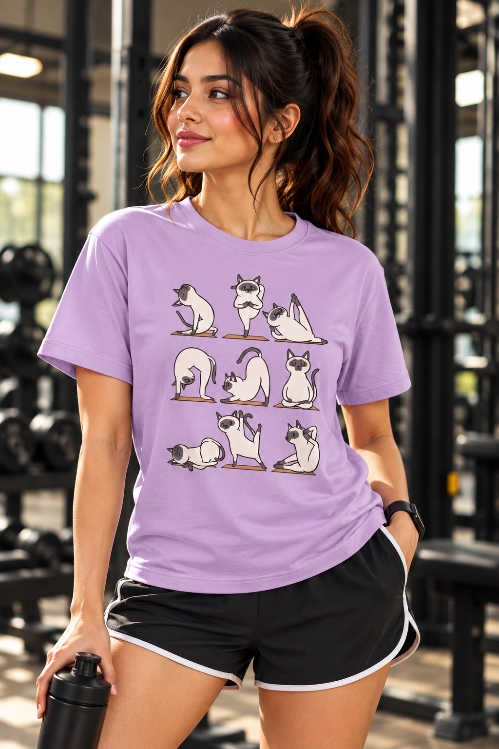 Women’s Lavender Gym T-Shirt – Cute Cat Yoga Fitness Printed T-Shirt