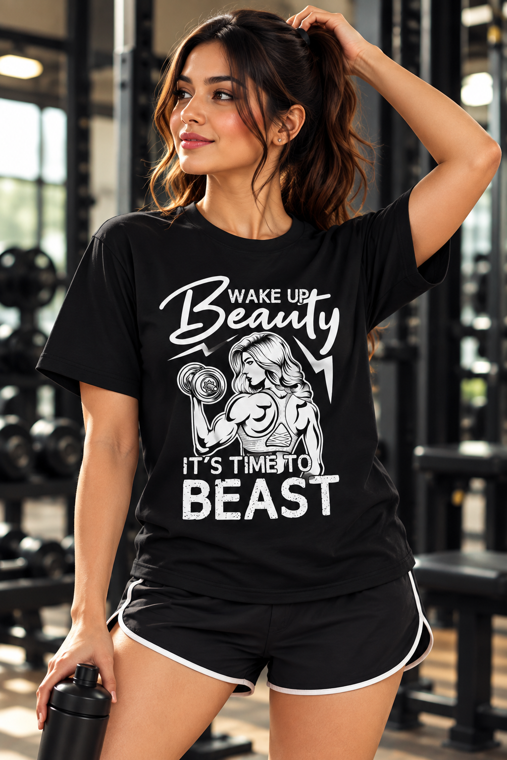Women’s Black Gym T-Shirt – Wake Up Beauty It’s Time to Beast Fitness Printed T-Shirt