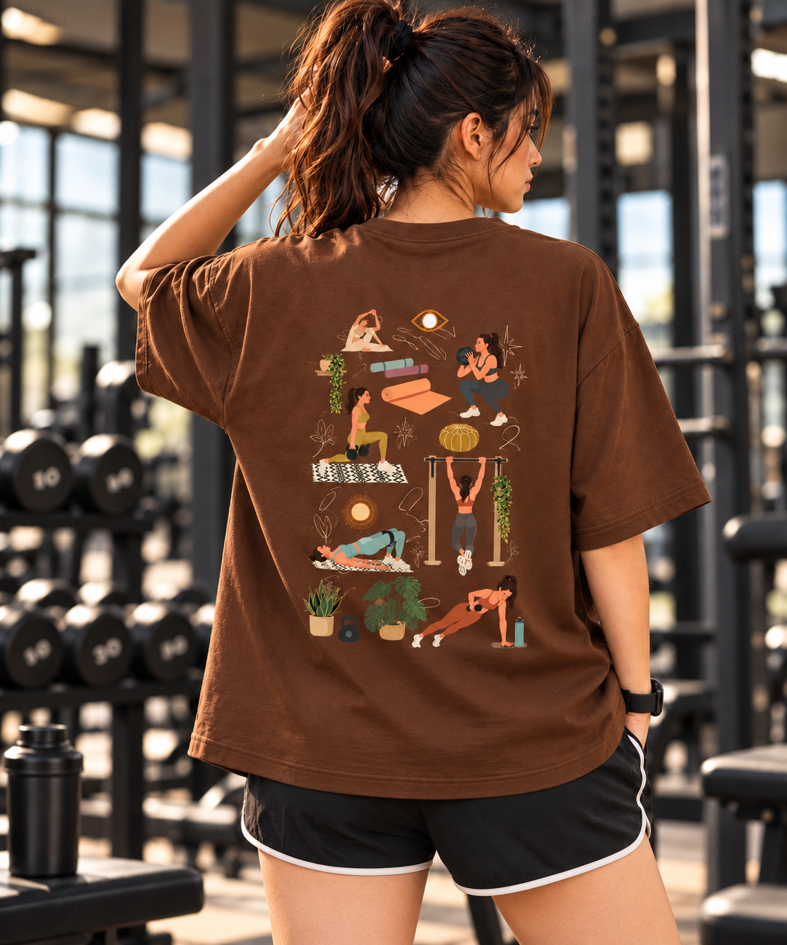 Women’s Brown Gym T-Shirt – Fitness Workout Printed Oversized T-Shirt