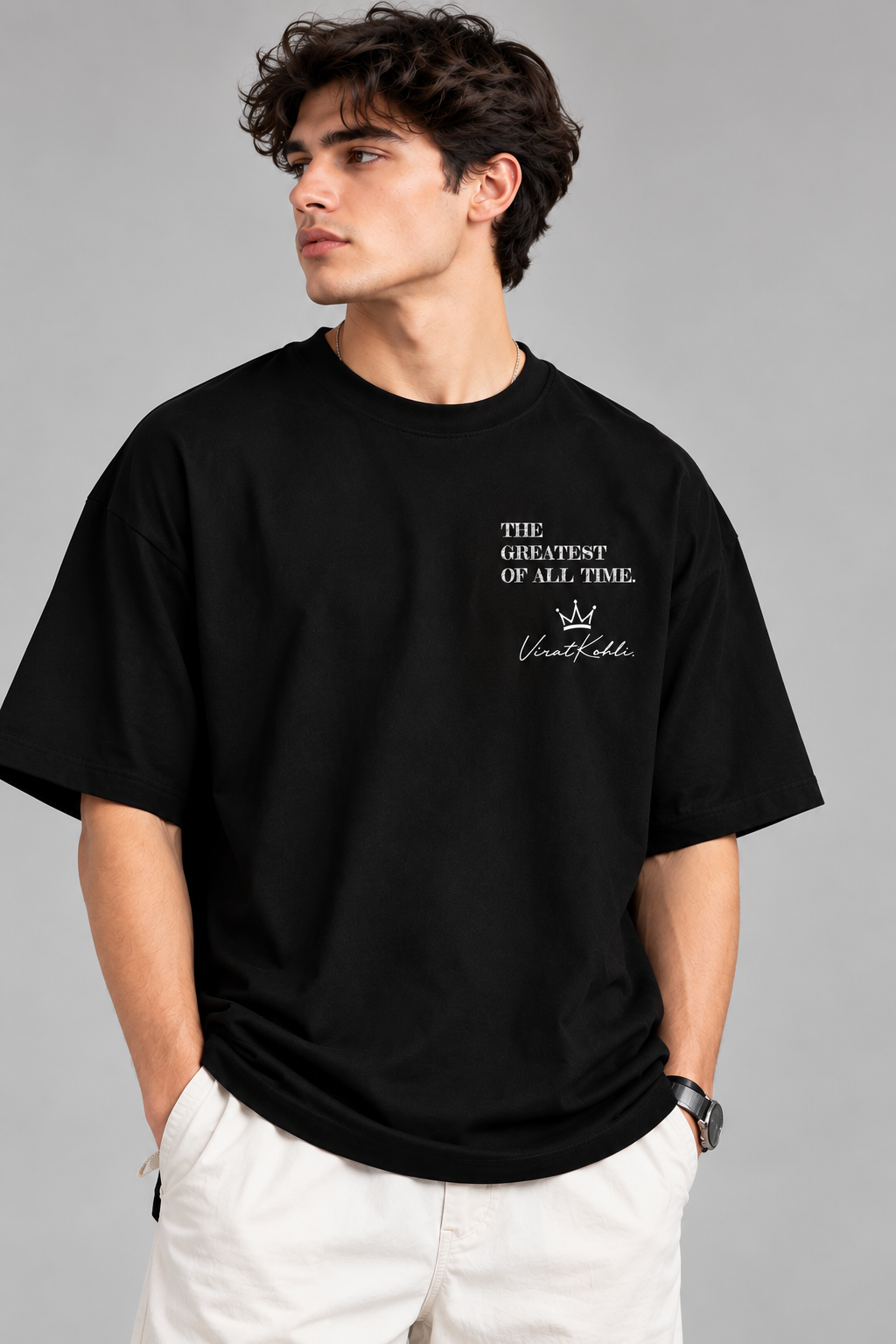 Men's Black Oversized T Shirt | Virat Kohli The Greatest of All Time Printed T-Shirt