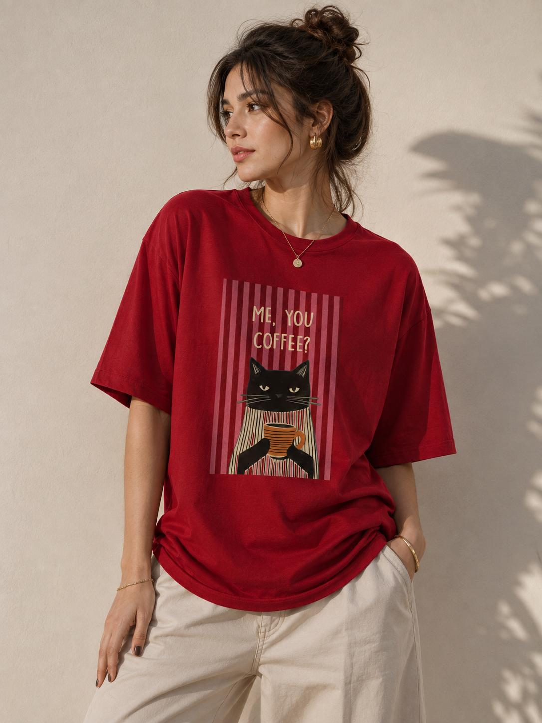 Stylish Regular Fit T-Shirt for Women – Cat Coffee Graphic Tee