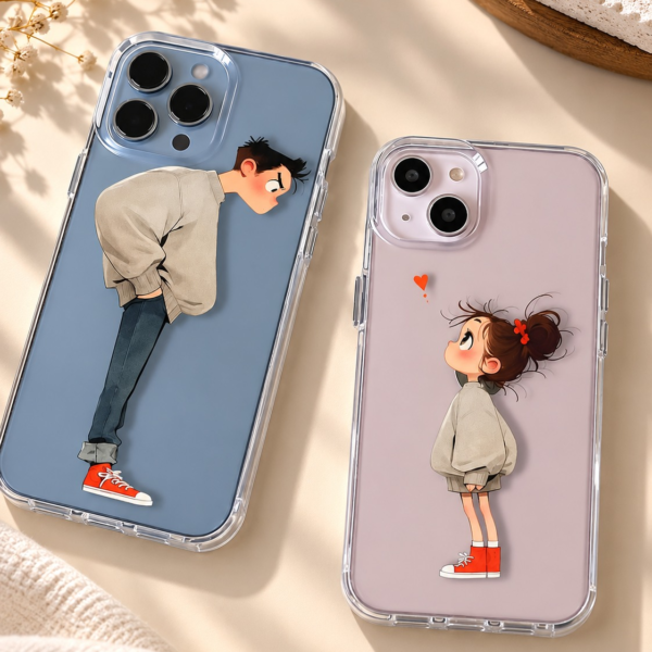 Cute Couple Cartoon Phone Cover – Boy & Girl Transparent Mobile Back Cover