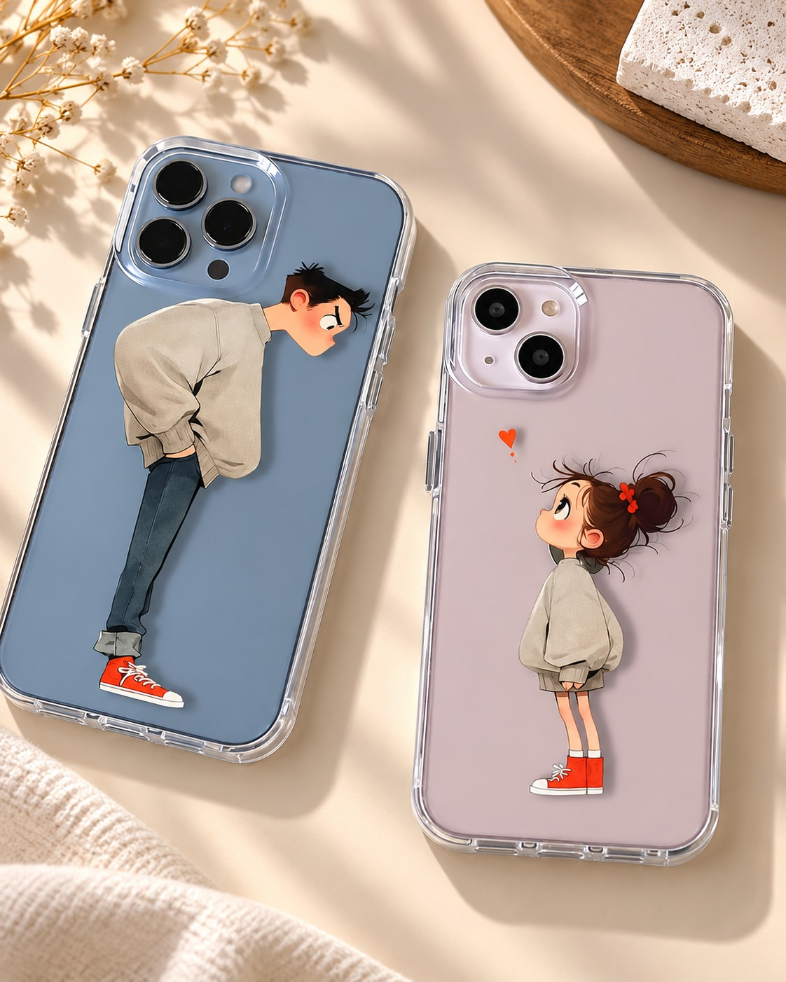 Cute Couple Cartoon Phone Cover – Boy & Girl Transparent Mobile Back Cover