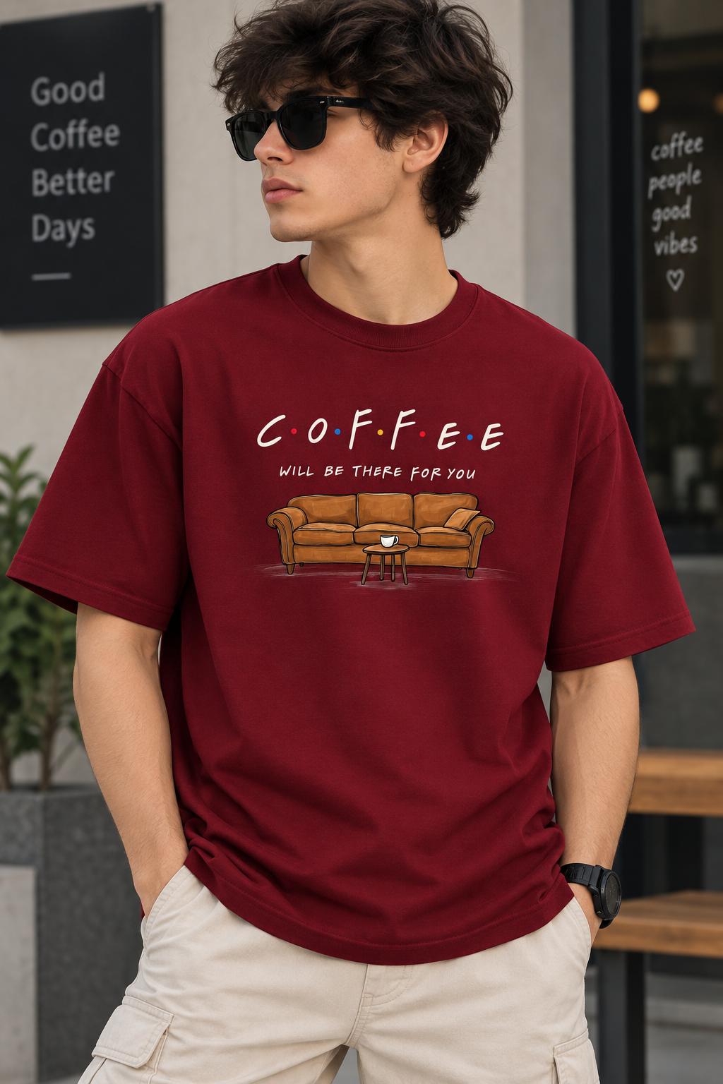 Maroon Regular Fit T-Shirt for Men – Coffee Graphic Printed Casual Tee