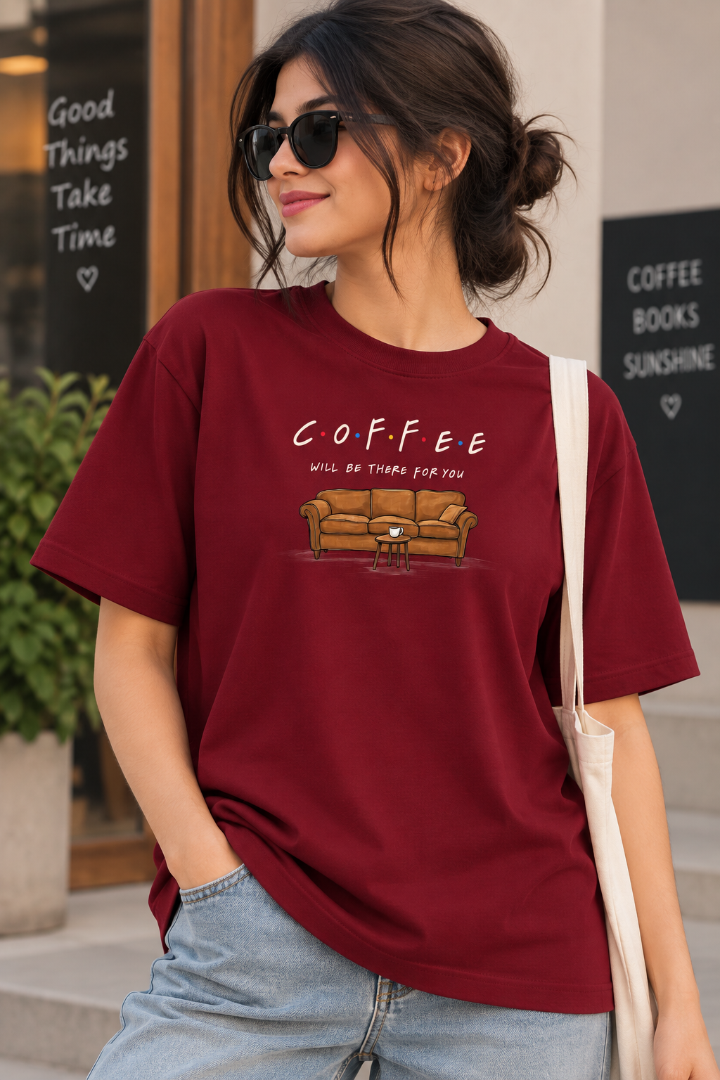 Maroon Regular Fit T-Shirt for Women – Coffee Graphic Printed Casual Tee