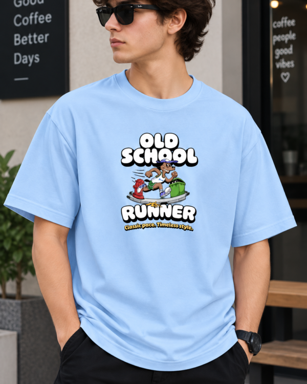 Light Blue Regular Fit T-Shirt for Men – Old School Runner Graphic Printed Tee